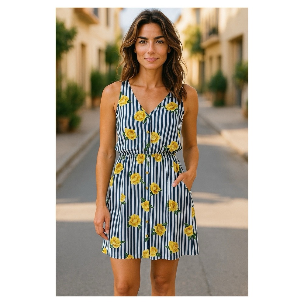 Everly Multicolor Striped Floral Sleeveless V-Neck Elastic Waist Dress Size M